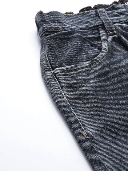 Women's Navy Washed Ring Detail High Waist Jeans