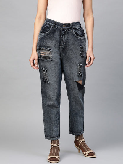 Women's Navy Washed High Rise Ripped Jeans
