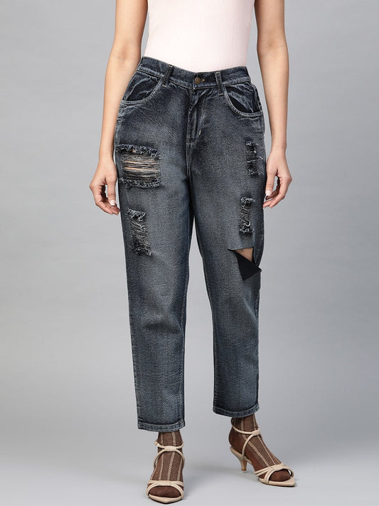 Women's Navy Washed High Rise Ripped Jeans