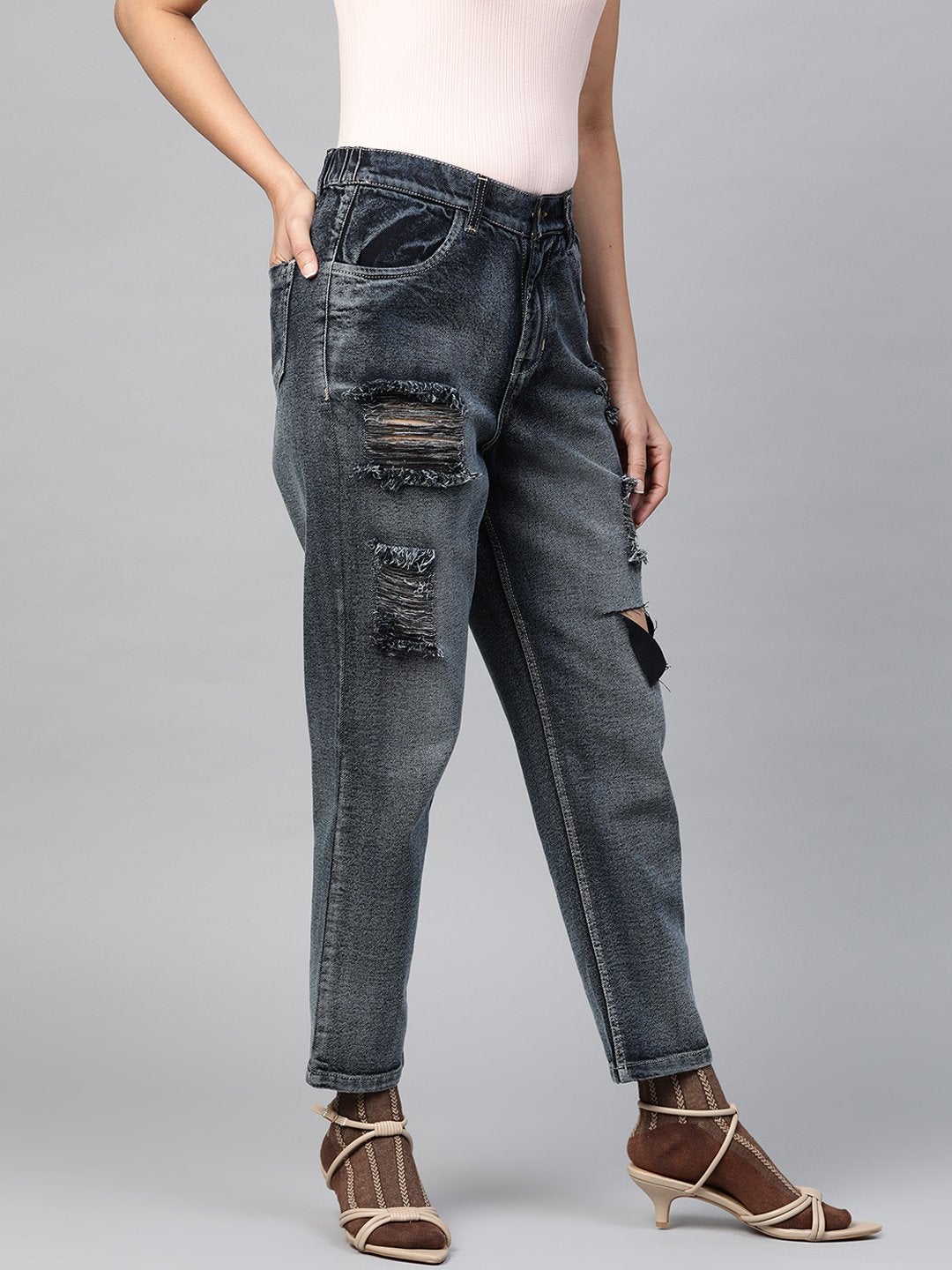 Women's Navy Washed High Rise Ripped Jeans