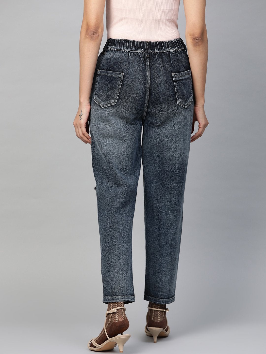 Women's Navy Washed High Rise Ripped Jeans