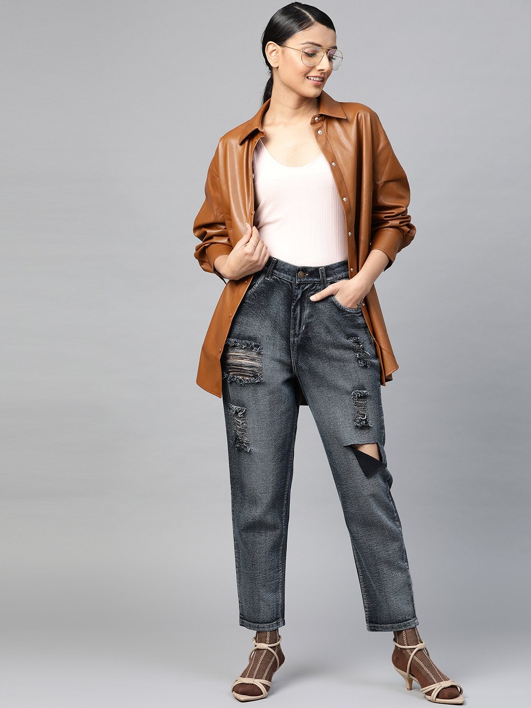 Women's Navy Washed High Rise Ripped Jeans