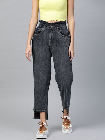 Women's Navy Washed High Low Hem Slouchy Jeans