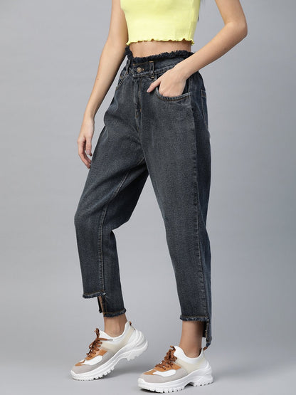 Women's Navy Washed High Low Hem Slouchy Jeans