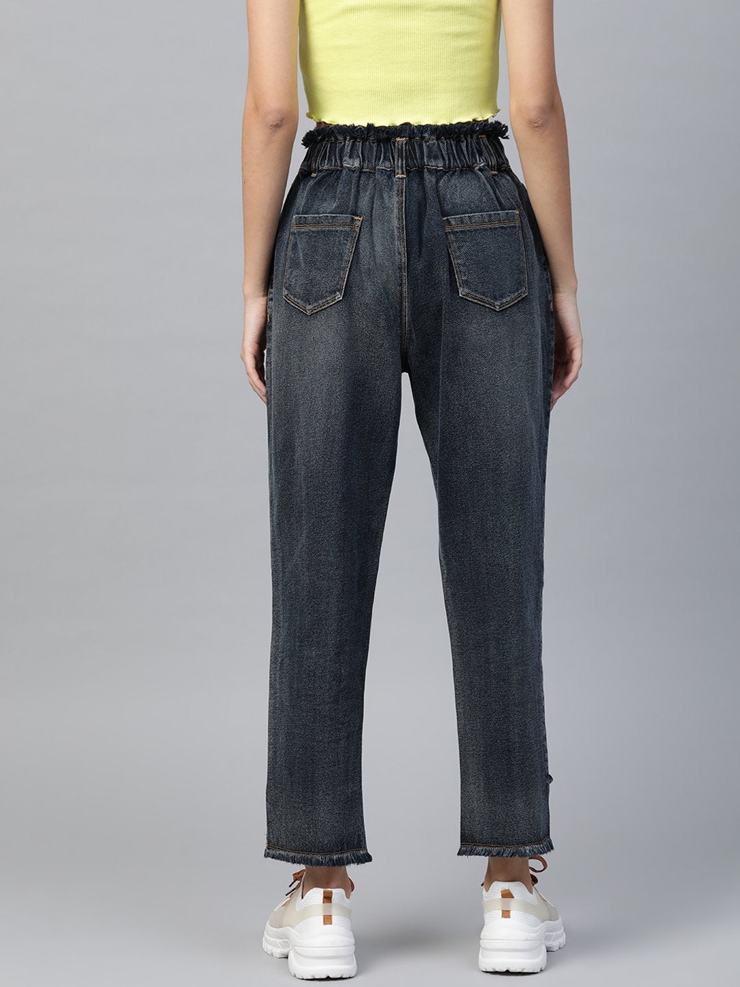 Women's Navy Washed High Low Hem Slouchy Jeans