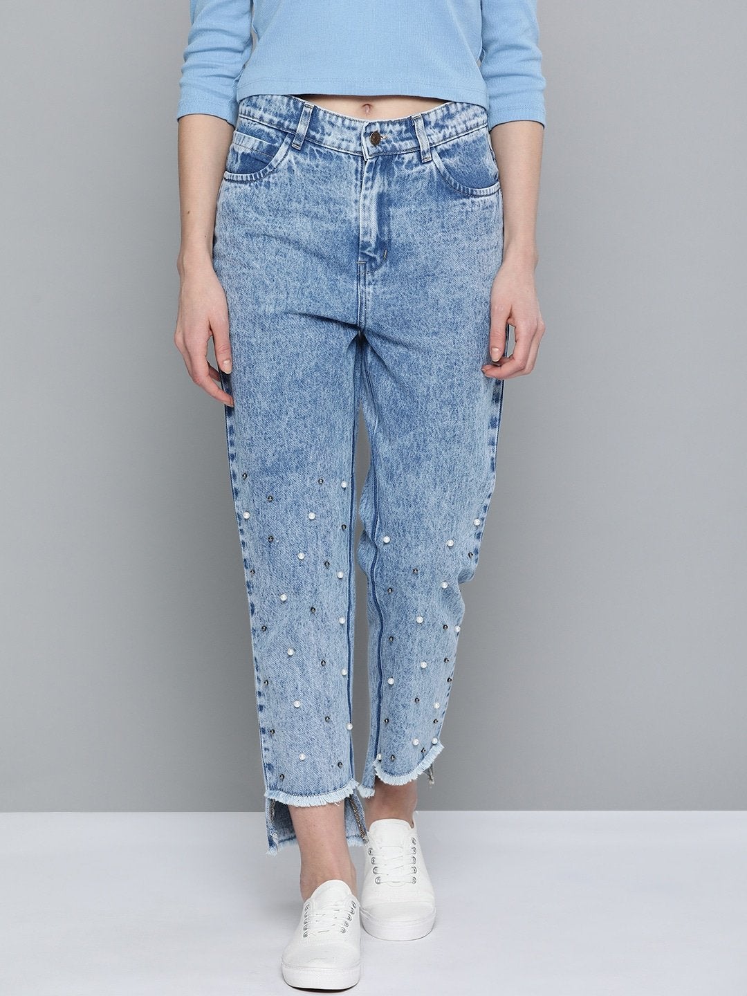 Women's Blue High Low Pearl Detail Mom Jeans