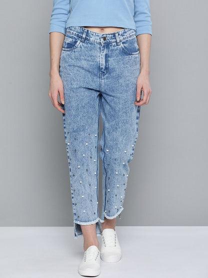 Women's Blue High Low Pearl Detail Mom Jeans