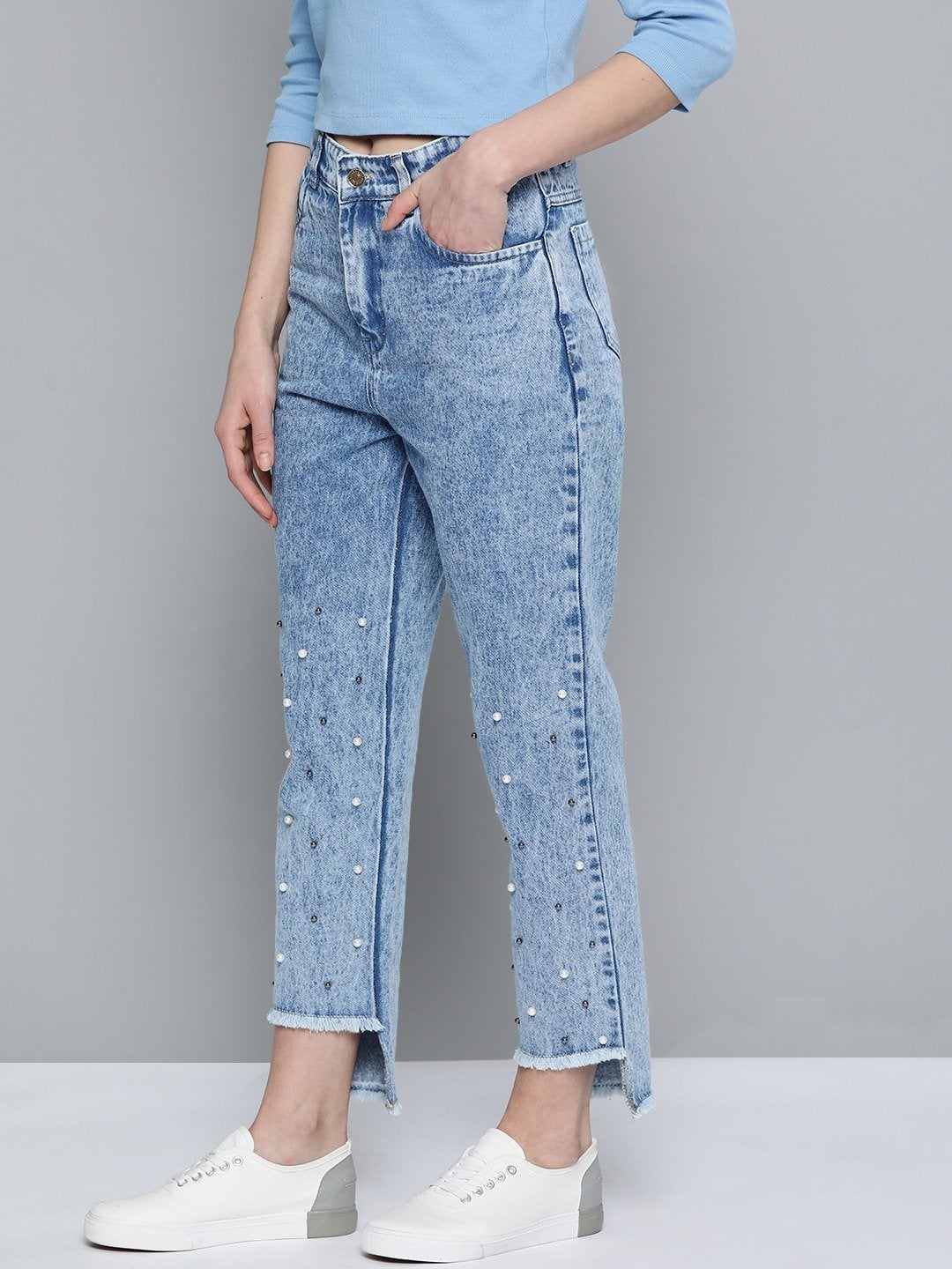Women's Blue High Low Pearl Detail Mom Jeans