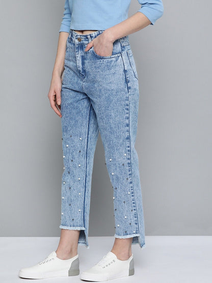Women's Blue High Low Pearl Detail Mom Jeans
