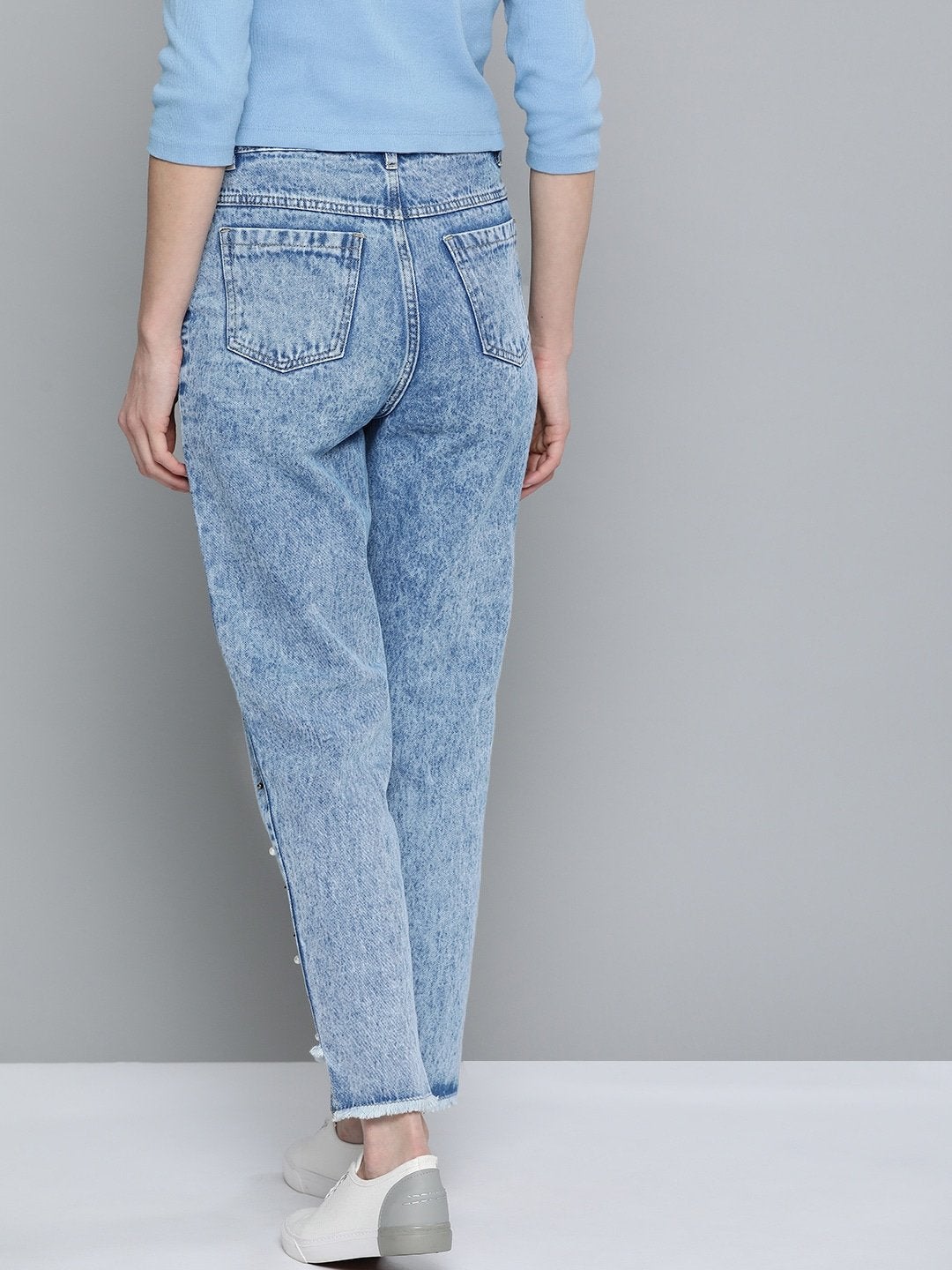 Women's Blue High Low Pearl Detail Mom Jeans