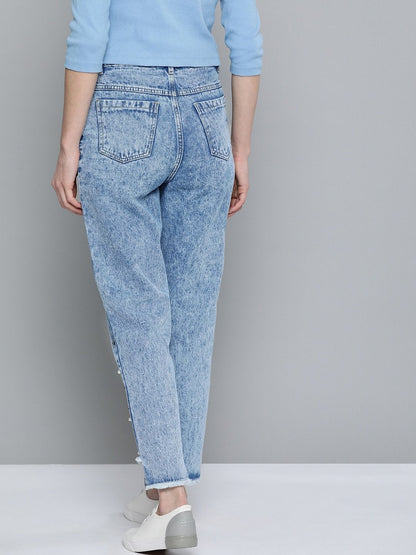 Women's Blue High Low Pearl Detail Mom Jeans