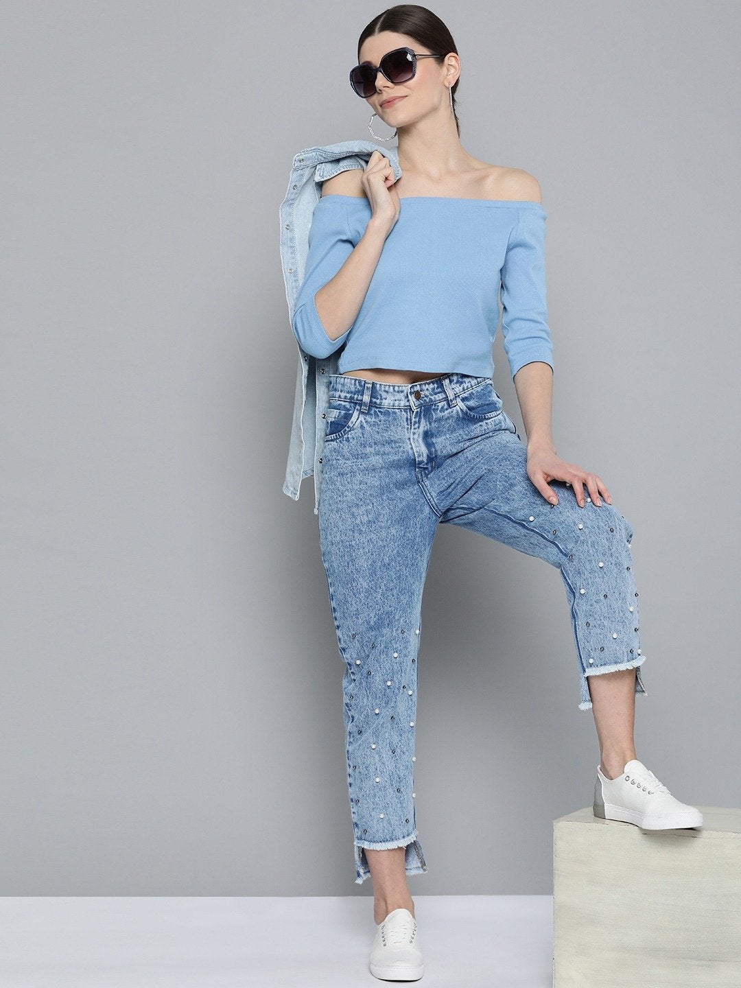 Women's Blue High Low Pearl Detail Mom Jeans
