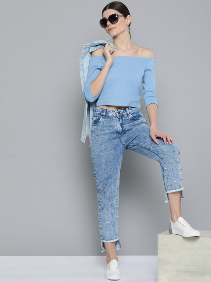 Women's Blue High Low Pearl Detail Mom Jeans