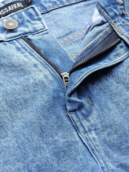 Women's Blue High Low Pearl Detail Mom Jeans