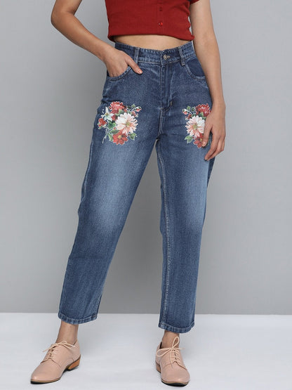 Women's Blue Floral Print Mom Jeans