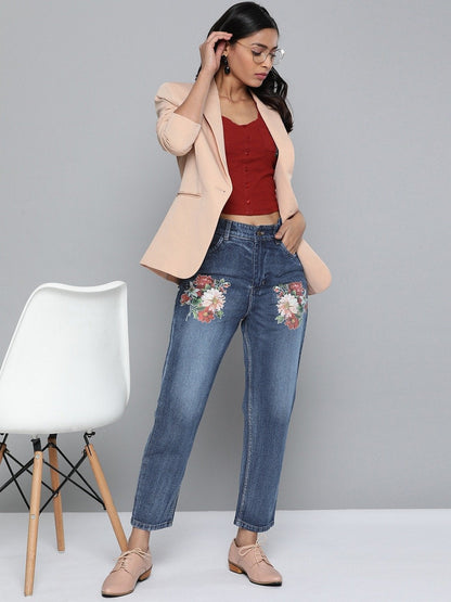 Women's Blue Floral Print Mom Jeans