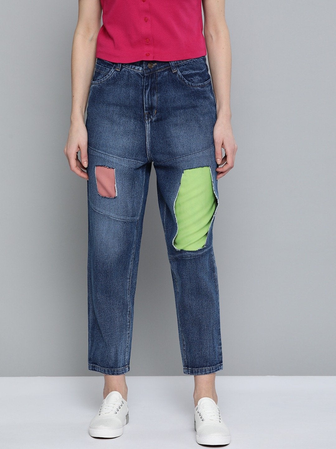 Women's Blue Patch Insert Distressed Slouchy Jeans