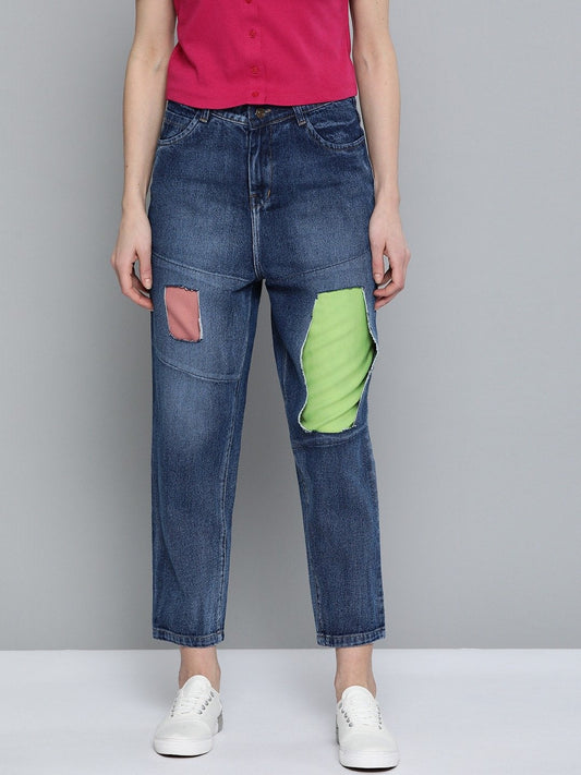 Women's Blue Patch Insert Distressed Slouchy Jeans