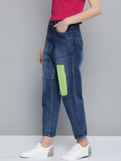 Women's Blue Patch Insert Distressed Slouchy Jeans