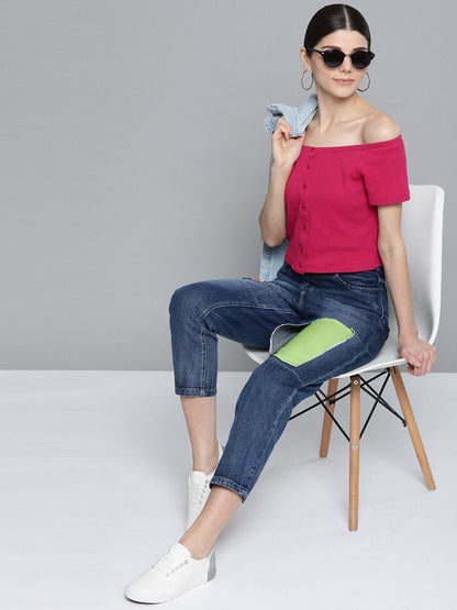 Women's Blue Patch Insert Distressed Slouchy Jeans