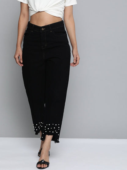 Women's Black Pearl Hem Slouchy Jeans