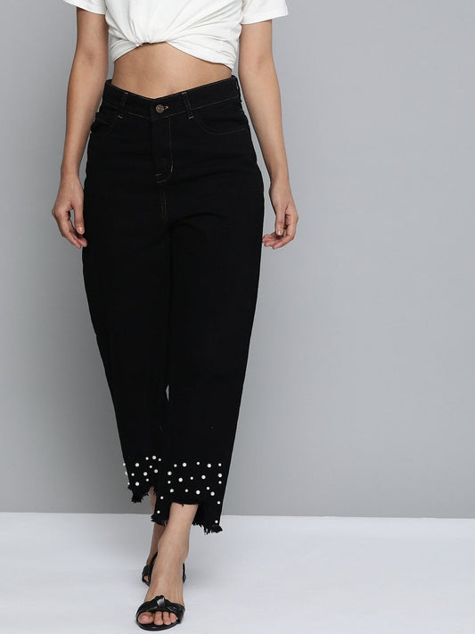 Women's Black Pearl Hem Slouchy Jeans