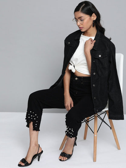 Women's Black Pearl Hem Slouchy Jeans