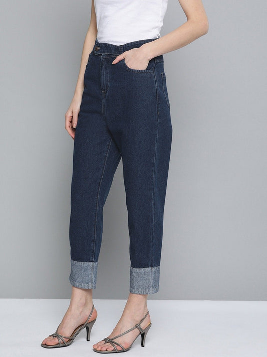 Women's Navy Contrast Detail At Hem Slouchy Jeans
