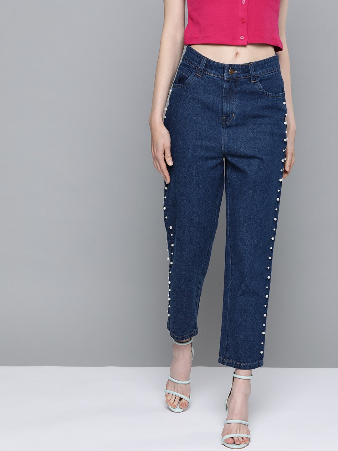 Women's Navy Side Pearl Detail Slouchy Jeans