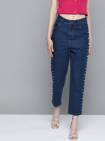 Women's Navy Side Pearl Detail Slouchy Jeans