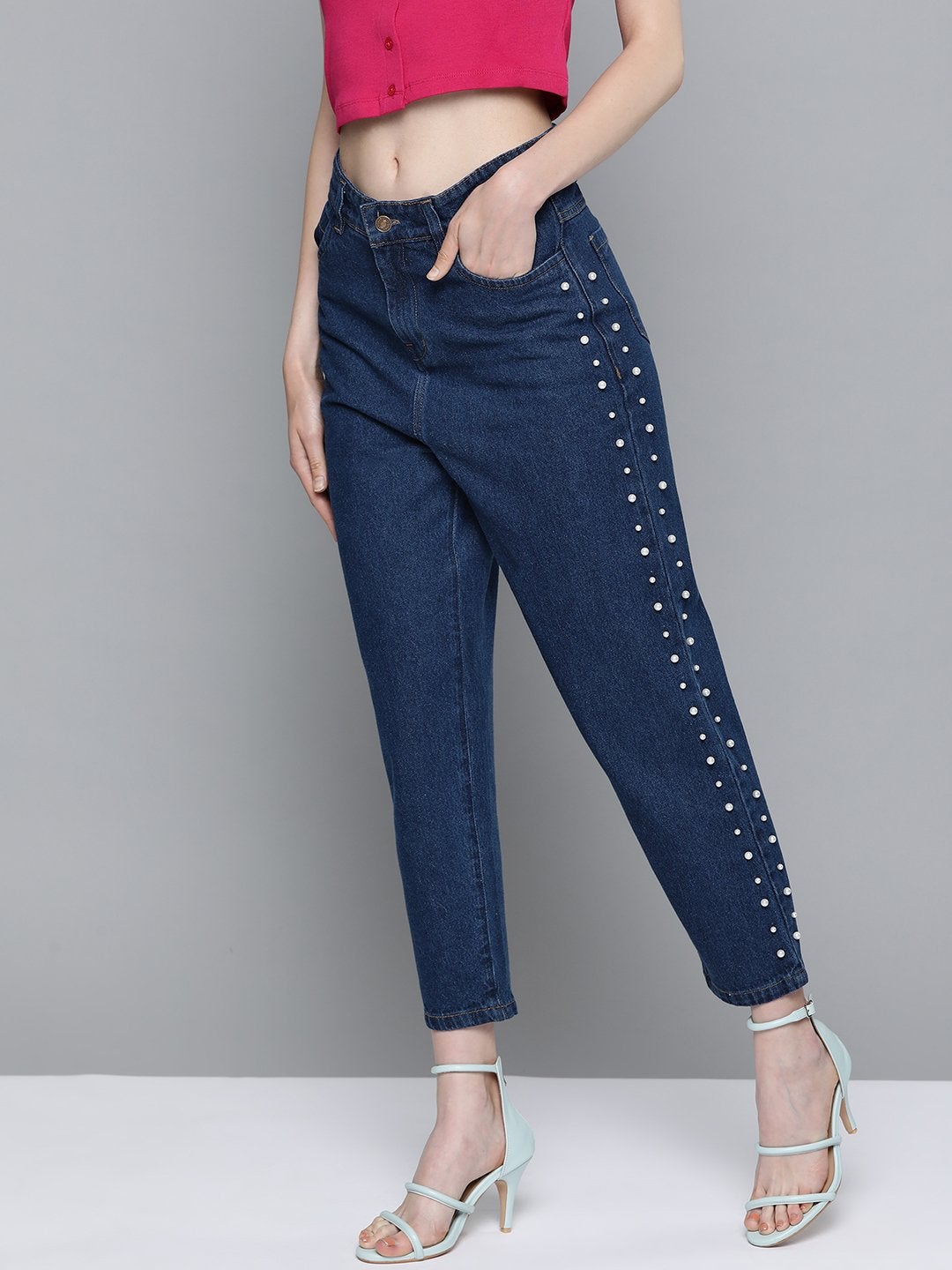 Women's Navy Side Pearl Detail Slouchy Jeans
