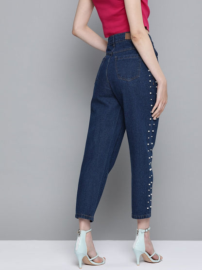 Women's Navy Side Pearl Detail Slouchy Jeans