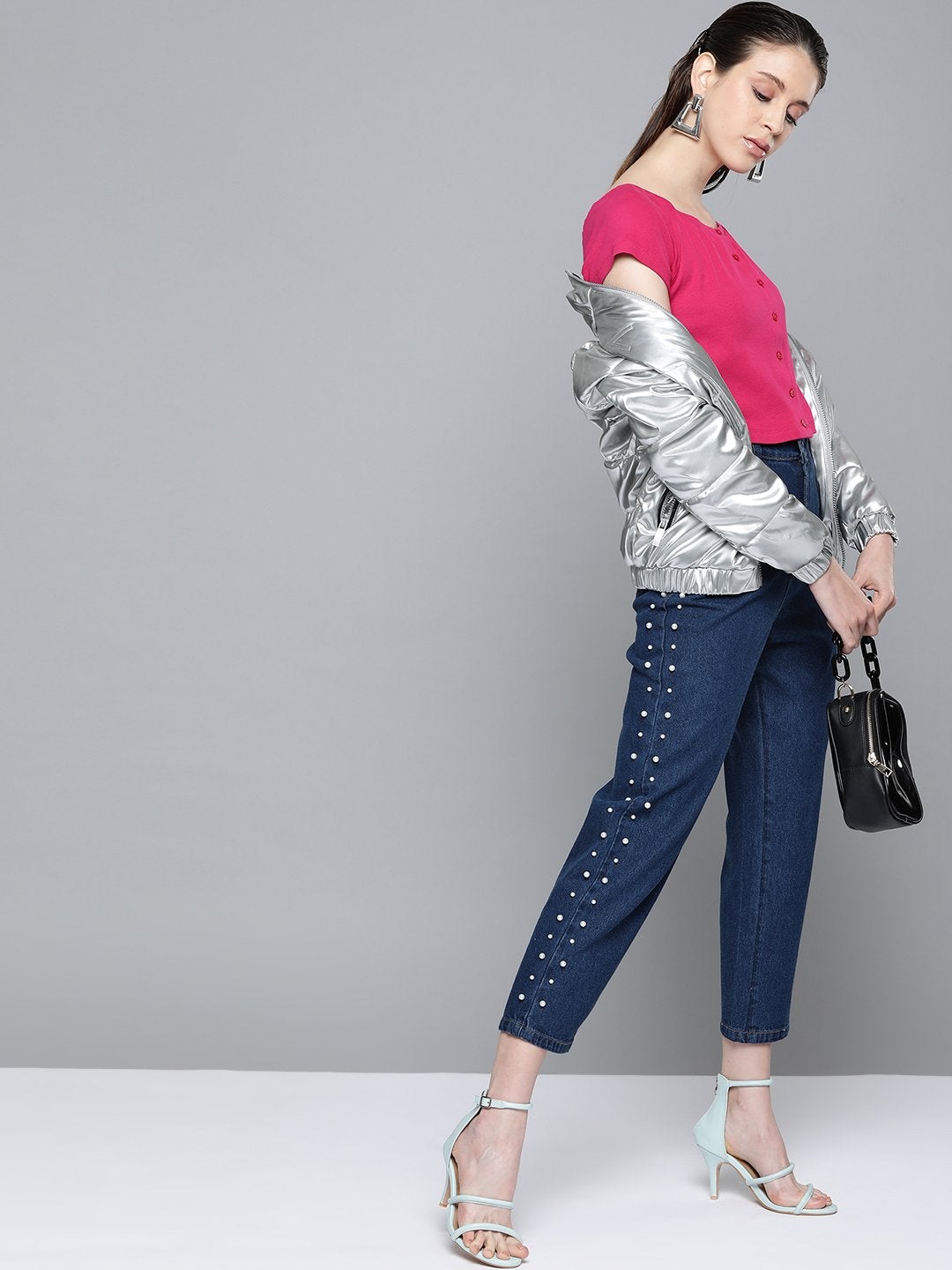 Women's Navy Side Pearl Detail Slouchy Jeans