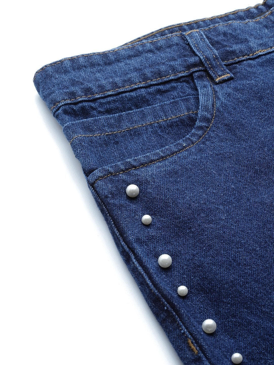 Women's Navy Side Pearl Detail Slouchy Jeans