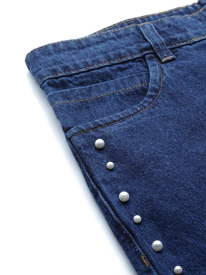 Women's Navy Side Pearl Detail Slouchy Jeans