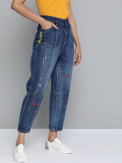 Women's Blue Paint Splatter Slouchy Jeans