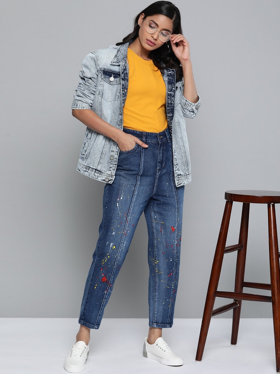 Women's Blue Paint Splatter Slouchy Jeans