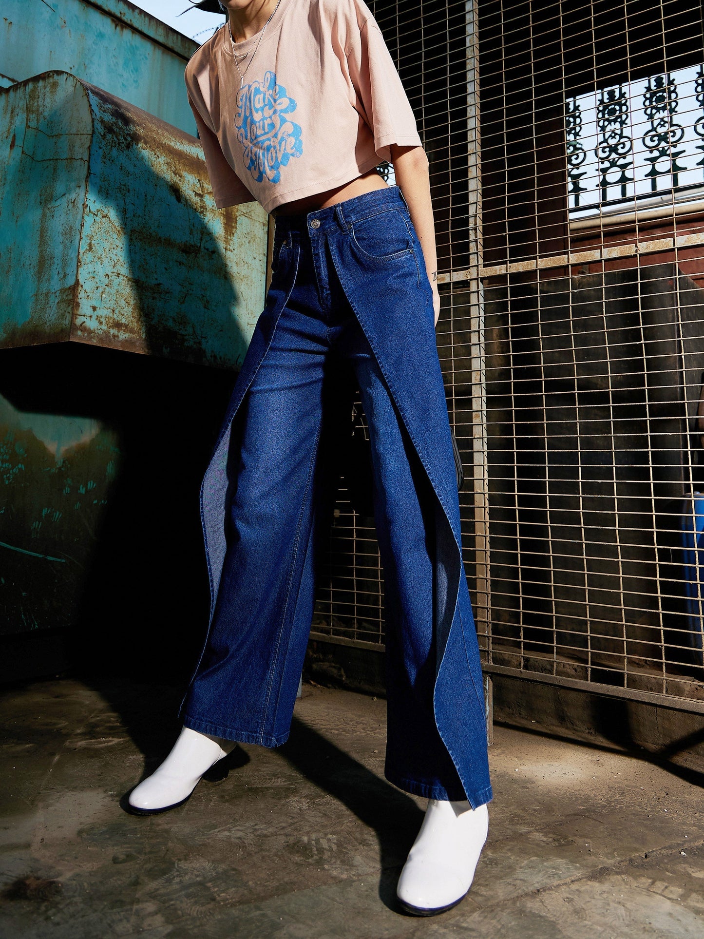 Women's Navy Denim Washed Wrap Straight Jeans