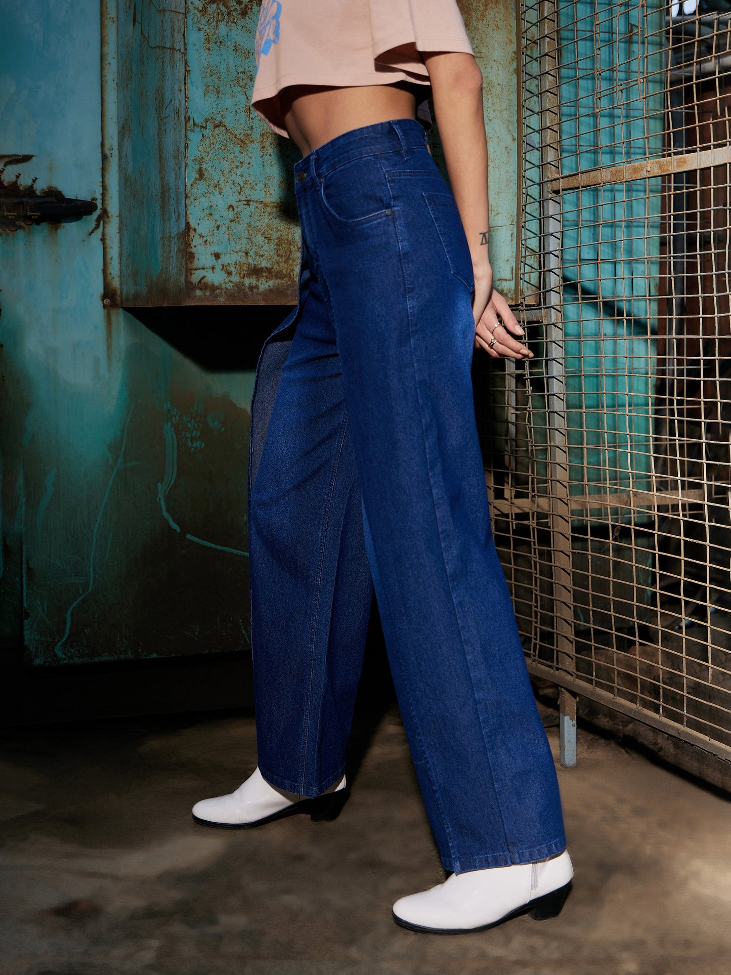 Women's Navy Denim Washed Wrap Straight Jeans