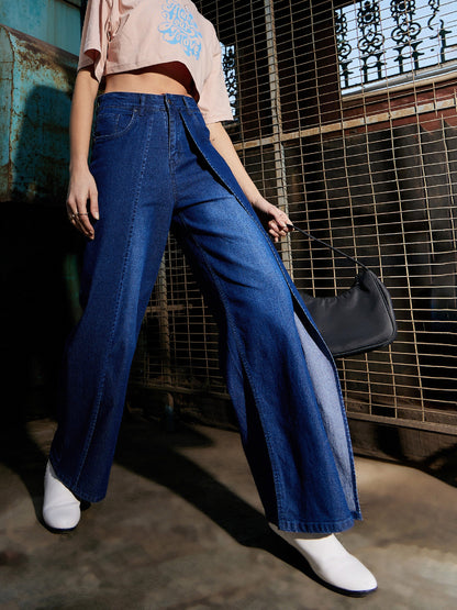 Women's Navy Denim Washed Wrap Straight Jeans