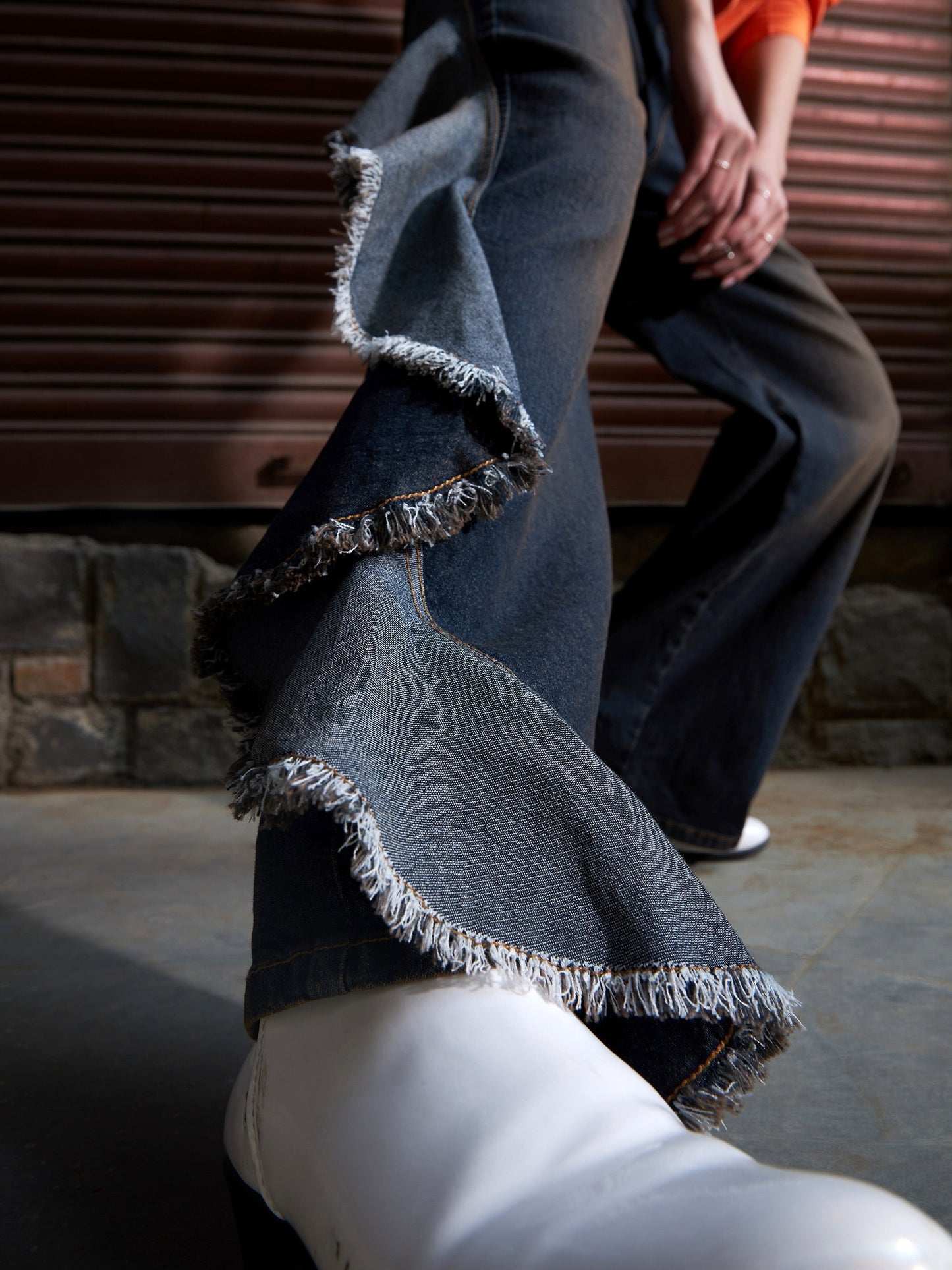 Women's Grey Denim Acid Wash Frill Straight Jeans