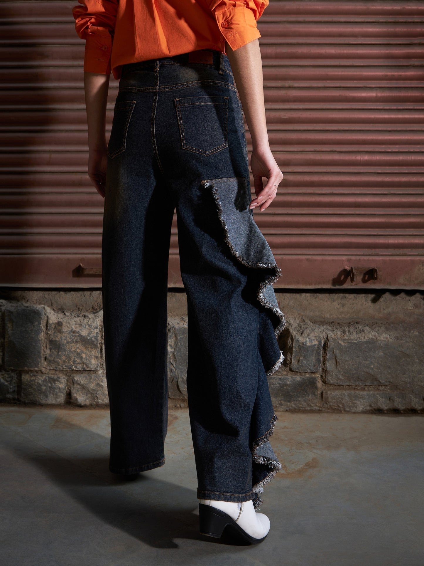 Women's Grey Denim Acid Wash Frill Straight Jeans