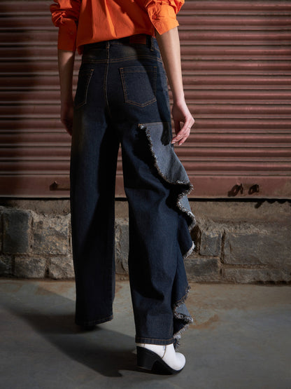 Women's Grey Denim Acid Wash Frill Straight Jeans