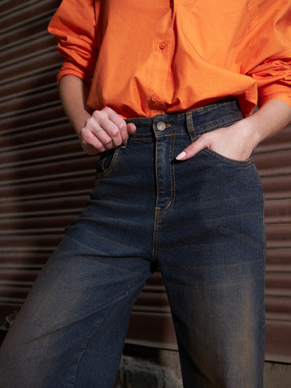 Women's Grey Denim Acid Wash Frill Straight Jeans