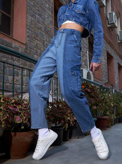 Women's Blue Denim Colour Block Balloon Fit Jeans