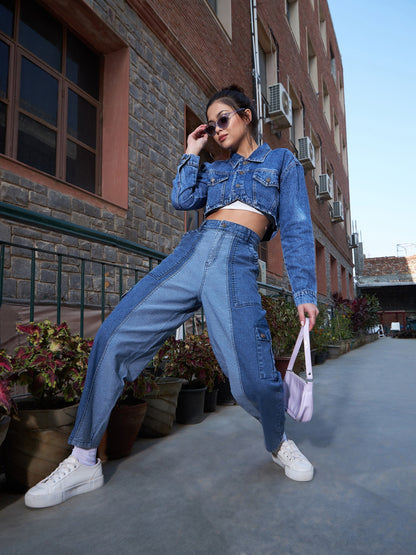 Women's Blue Denim Colour Block Balloon Fit Jeans