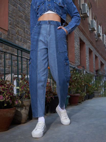 Women's Blue Denim Colour Block Balloon Fit Jeans