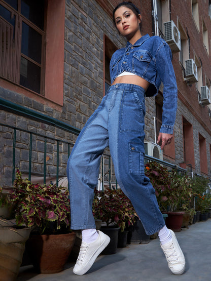Women's Blue Denim Colour Block Balloon Fit Jeans