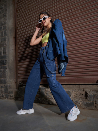 Women's Blue Denim Side Patch Pockets Jeans