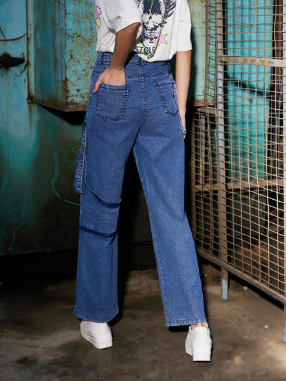 Women's Blue Denim Pouch Pocket Straight Jeans